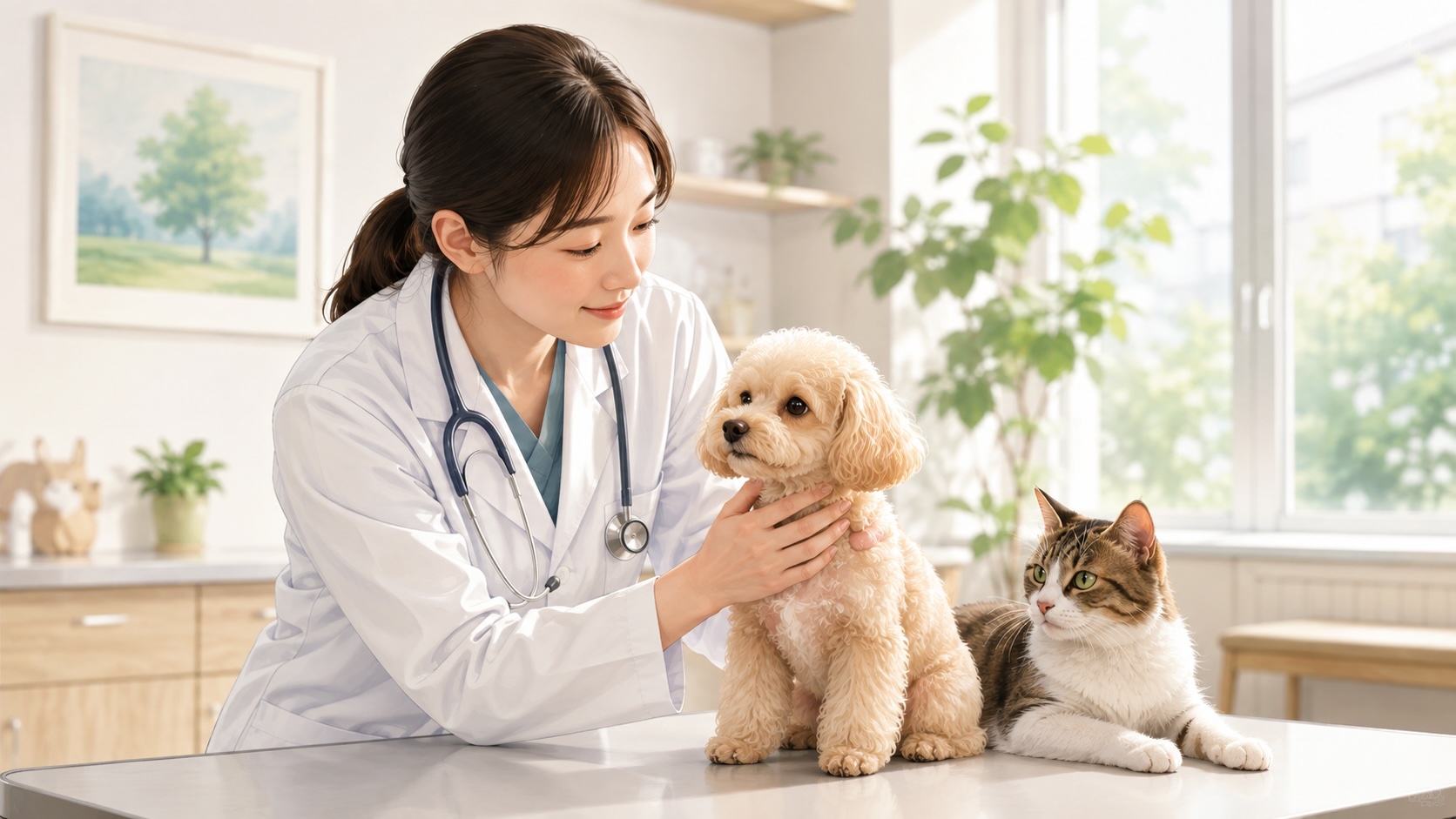 犬と猫を診察する獣医師